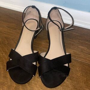 Kelly & Katie Black Chunky Heel Suede Sandals with ankle straps.